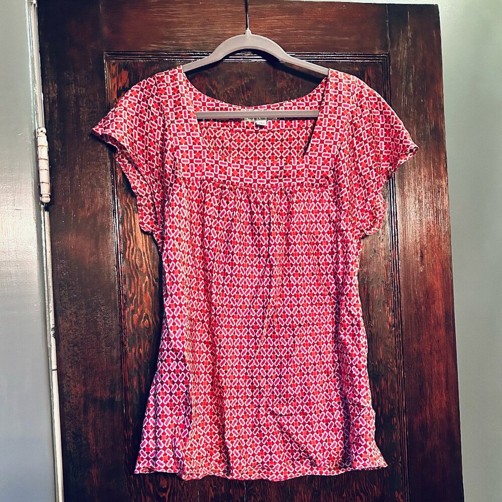 Banana Republic 100% Silk Square Neck Shirt Vintage Inspired Print Short Sleeve